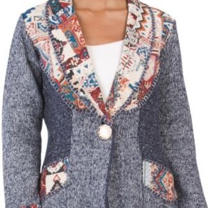 Collared Embroidered Denim/Multicolor Cardigan Sweater